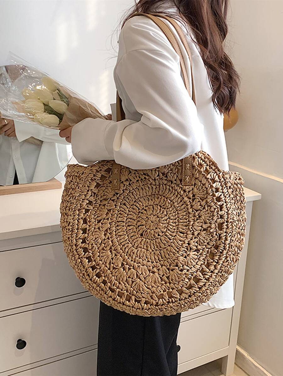 Portable,Lightweight Minimalist Straw Bag Summer Bag Vacation Beach For Travel Holiday ,Teacher,For Teen Girls Women College Students Teachers' Day,Outdoors, Travel, Outings,College,Perfect For SchoolSchool Bag,Large Capacity,Portable, Suitable For Teen Girls Women College Students Vacation,Beach,Outdoors, Travel, Outings - Khaki - View 1