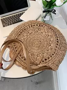 Portable,Lightweight Minimalist Straw Bag Summer Bag Vacation Beach For Travel Holiday ,Teacher,For Teen Girls Women College Students Teachers' Day,Outdoors, Travel, Outings,College,Perfect For SchoolSchool Bag,Large Capacity,Portable, Suitable For Teen Girls Women College Students Vacation,Beach,Outdoors, Travel, Outings - Khaki - View 2