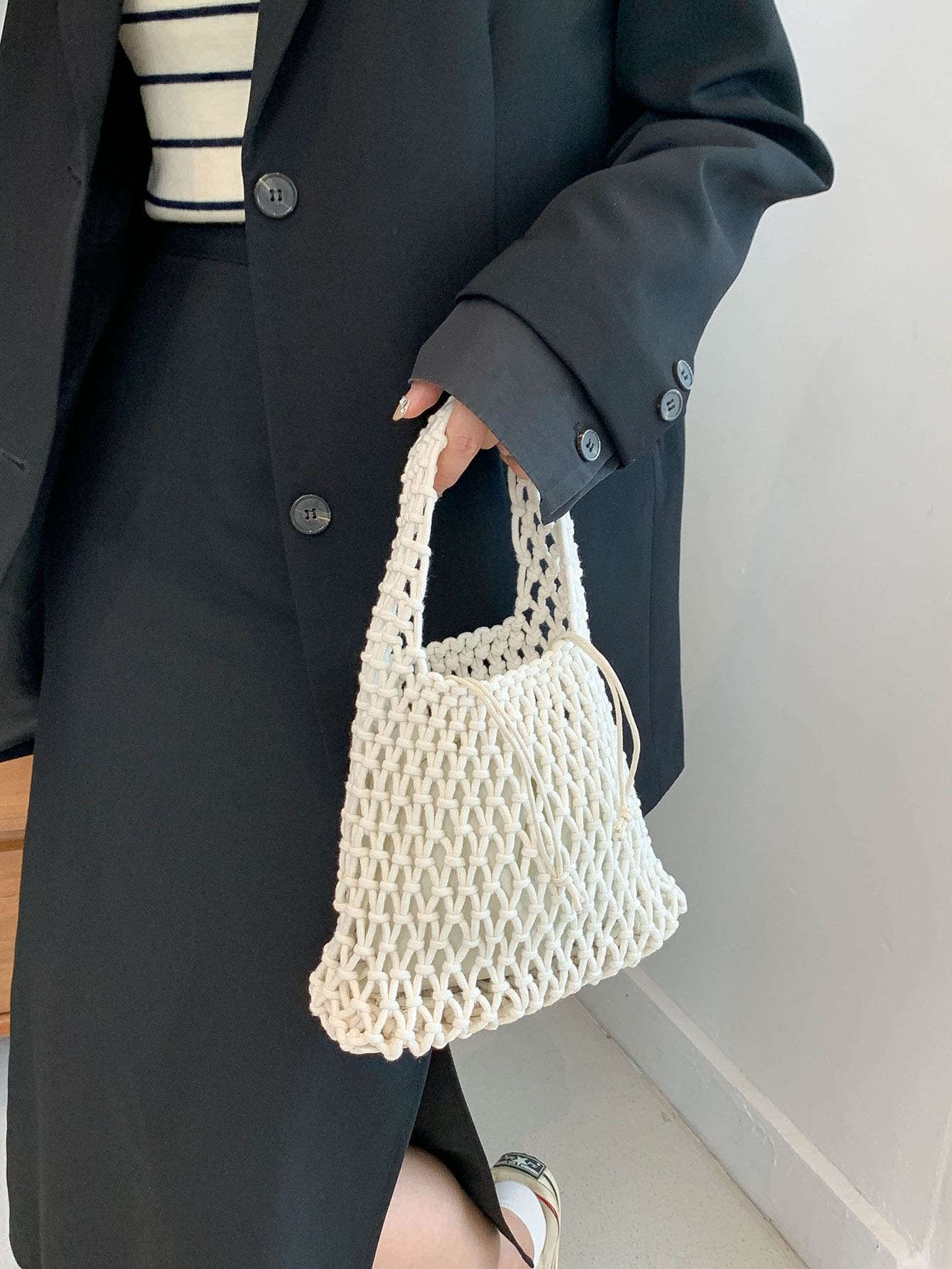 Hollow Crochet Bag With Inner Pouch - Beige - View 1