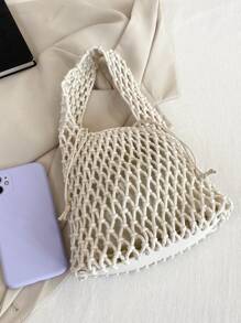 Hollow Crochet Bag With Inner Pouch - Beige - View 7