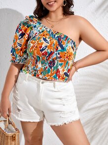 SHEIN VCAY Áo sơ mi Plus Size Dải chun Hoa Tất cả trên in Boho - Nhiều màu - Xem 1