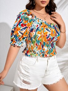 SHEIN VCAY Áo sơ mi Plus Size Dải chun Hoa Tất cả trên in Boho - Nhiều màu - Xem 4