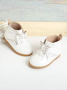 Girls Bow & Fringe Decor Combat Boots - White - View 1