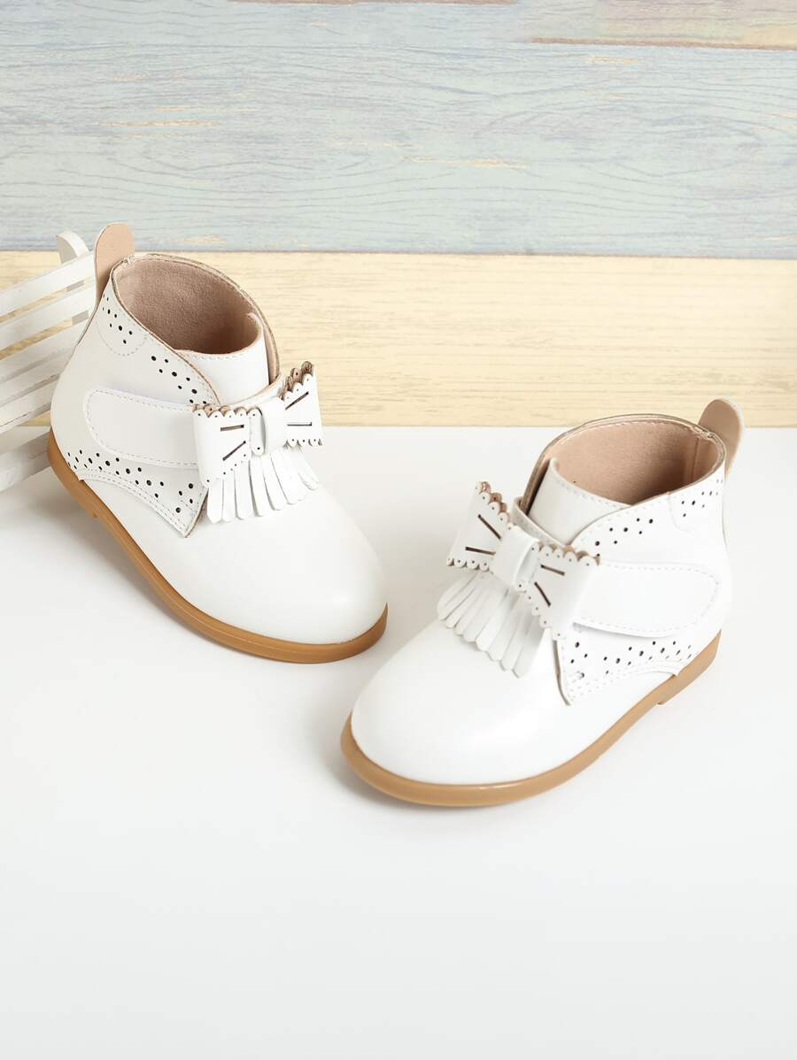 Girls Bow & Fringe Decor Combat Boots - White - View 1