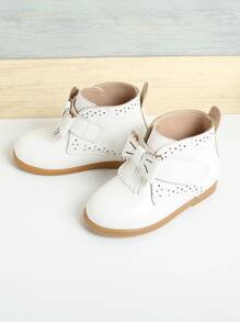 Girls Bow & Fringe Decor Combat Boots - White - View 3