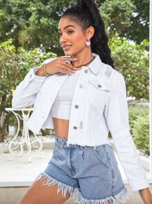 Ripped Raw Trim Denim Jacket - White - View 1