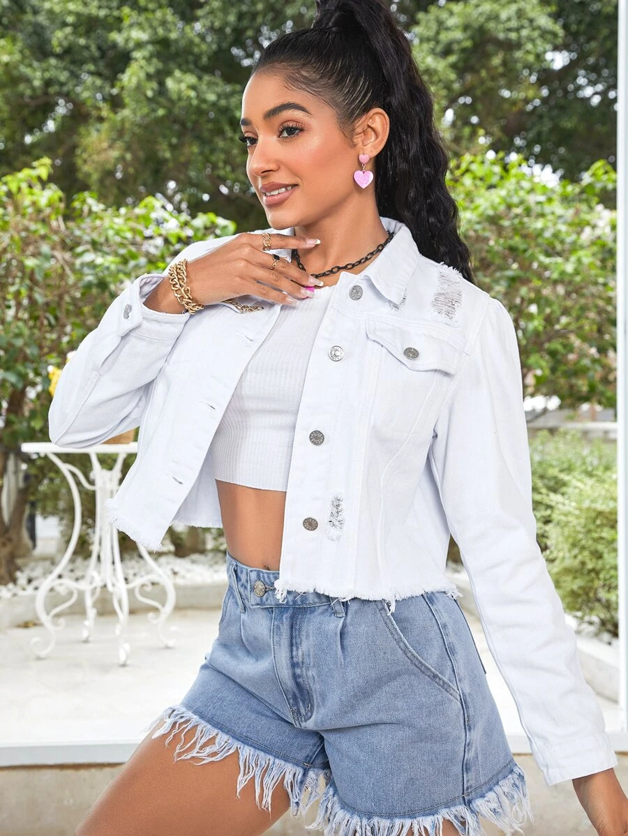 Ripped Raw Trim Denim Jacket - White - View 1