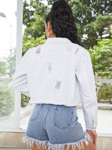 Ripped Raw Trim Denim Jacket - White - View 3
