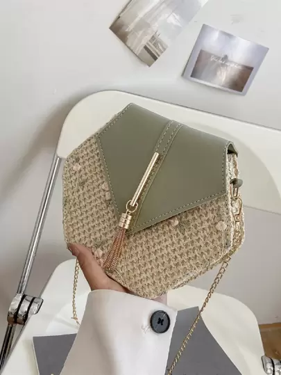 花卉圖案流蘇裝飾草編包