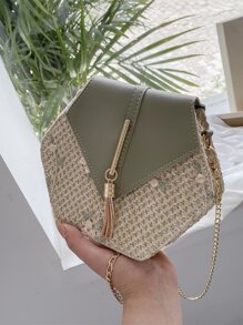 花卉圖案流蘇裝飾草編包 - 彩色 - 查看 2