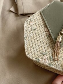 花卉圖案流蘇裝飾草編包 - 彩色 - 查看 4