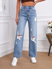 High Waist Ripped Straight Leg Jeans - Light Wash - View 1