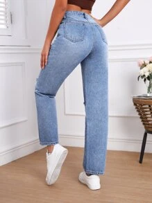 High Waist Ripped Straight Leg Jeans - Light Wash - View 2