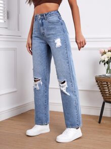 High Waist Ripped Straight Leg Jeans - Light Wash - View 5