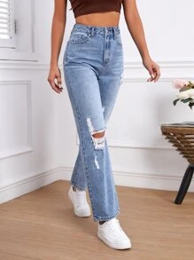 High Waist Ripped Straight Leg Jeans - Light Wash - View 6
