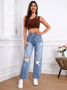 High Waist Ripped Straight Leg Jeans - Light Wash - View 7