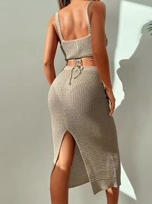 SHEIN Swim Chicsea Knitted Slit Thigh Cover Up - Khaki - View 2