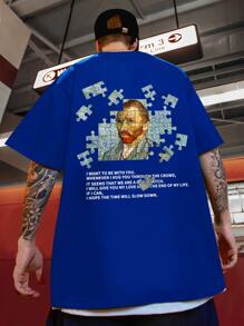 Manfinity Homme Camiseta de hombre con gráfico de lema y figura de hombros caídos - azul real - Ver 1