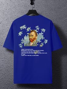 Manfinity Homme Camiseta de hombre con gráfico de lema y figura de hombros caídos - azul real - Ver 4