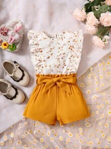 Camisa De Llave Trasera De Cintura Floral Y Pantalones Cortos Para Niña Con Ribete De Volantes Y Cintura Con Bolsa De Papel - Multicolor - Ver 1