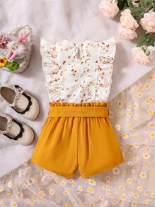 Camisa De Llave Trasera De Cintura Floral Y Pantalones Cortos Para Niña Con Ribete De Volantes Y Cintura Con Bolsa De Papel - Multicolor - Ver 2