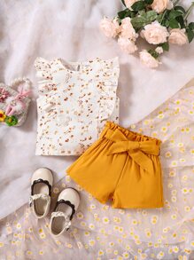 Camisa De Llave Trasera De Cintura Floral Y Pantalones Cortos Para Niña Con Ribete De Volantes Y Cintura Con Bolsa De Papel - Multicolor - Ver 3