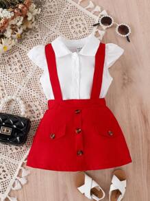 Baby Ruffle Trim Blouse & Crisscross Back Suspender Skirt - Red and White - View 1