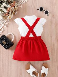Baby Ruffle Trim Blouse & Crisscross Back Suspender Skirt - Red and White - View 2
