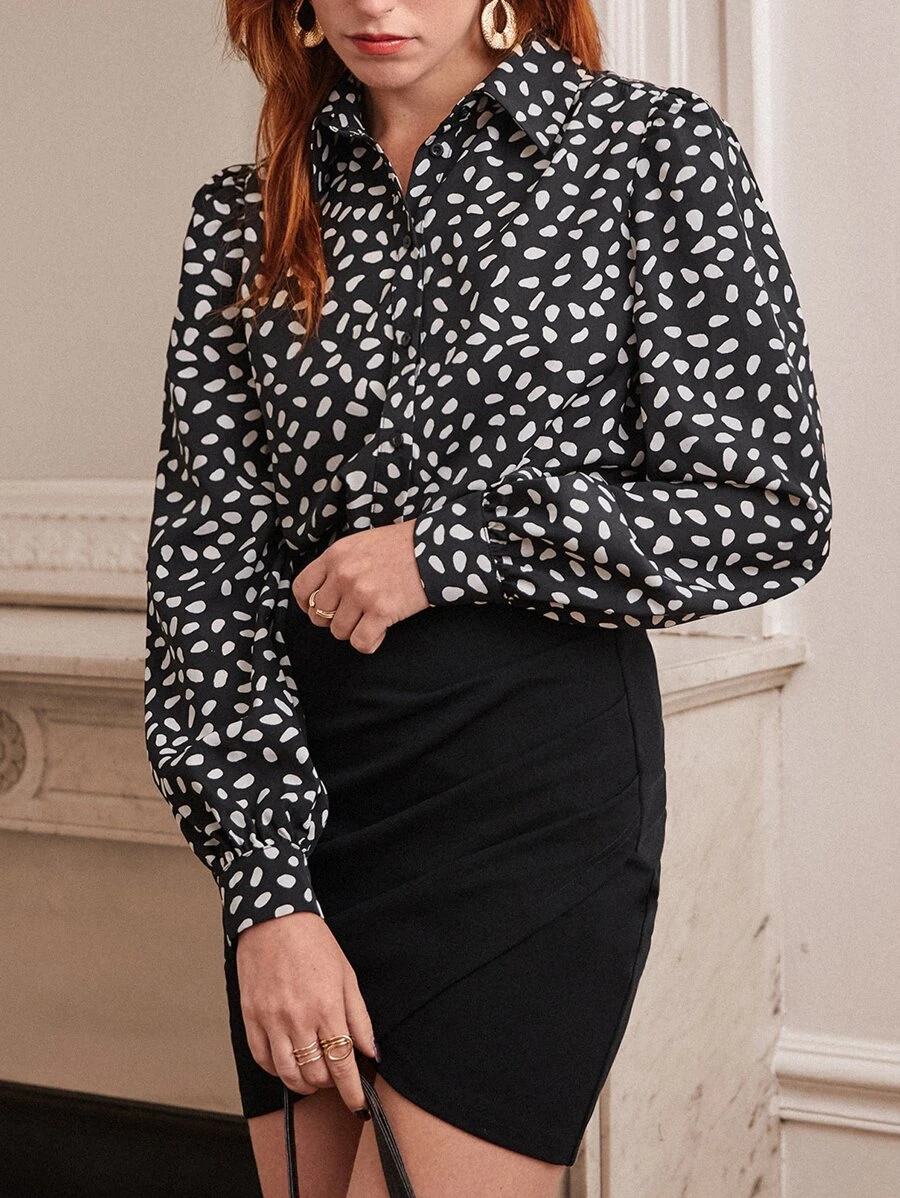 SHEIN Frenchy 斑點印花燈籠袖襯衫和裹身半身裙