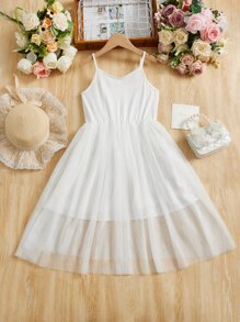 Girls Mesh Overlay Cami Dress - White - View 1