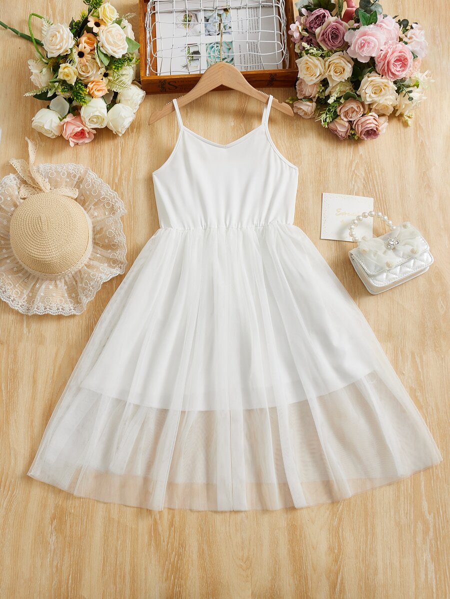 Girls Mesh Overlay Cami Dress - White - View 1