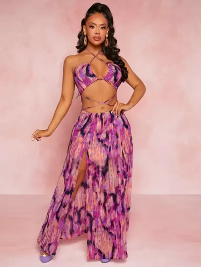 SHEIN SXY Vestido halter con estampado con tira cruzada de espalda abierta con cordón de muslo con abertura