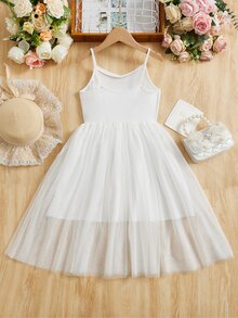 Girls Mesh Overlay Cami Dress - White - View 2