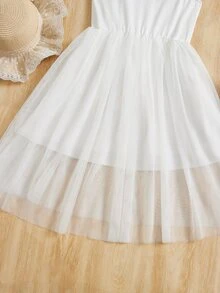 Girls Mesh Overlay Cami Dress - White - View 3