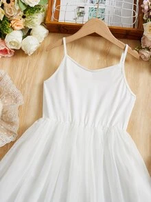 Girls Mesh Overlay Cami Dress - White - View 4