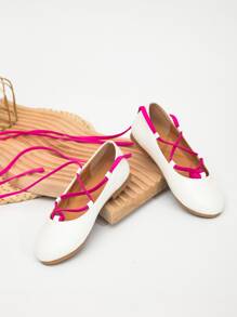Girls Tie Leg Design Ballet Flats - White - View 1