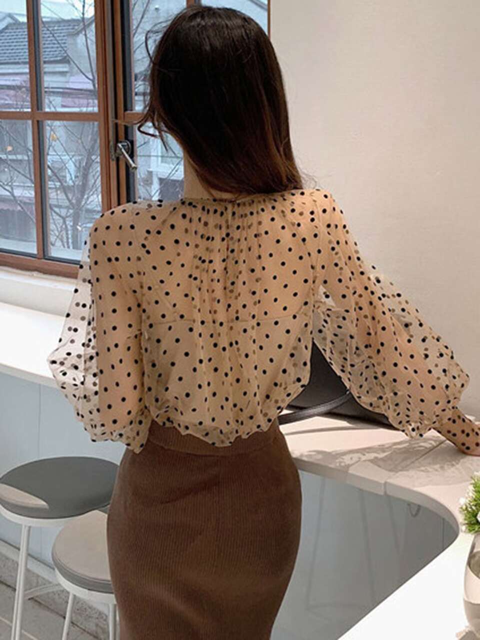 Polka Dot Sheer Mesh Blouse Without Cami Top Going Out Tops,Fall Clothes Long Sleeve Top