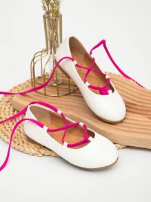 Girls Tie Leg Design Ballet Flats - White - View 3