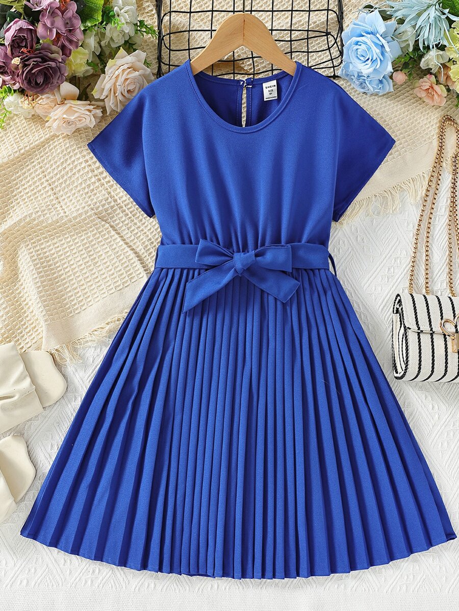 SHEIN 女孩蝙蝠袖百褶下擺連衣裙 - 寶藍色 - 查看 1