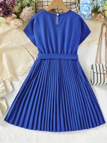 SHEIN 女孩蝙蝠袖百褶下擺連衣裙 - 寶藍色 - 查看 2