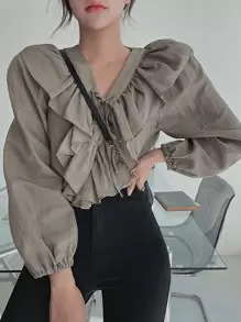 DAZY Ruffle Trim Tie Front Blouse Long Sleeve Top - Khaki - View 1
