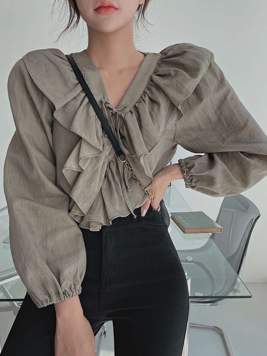 DAZY Ruffle Trim Tie Front Blouse Long Sleeve Top - Khaki - View 1