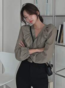 DAZY Ruffle Trim Tie Front Blouse Long Sleeve Top - Khaki - View 5