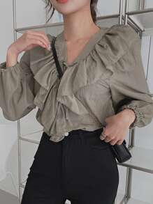 DAZY Ruffle Trim Tie Front Blouse Long Sleeve Top - Khaki - View 8