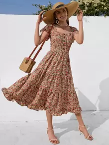 GENKIRA All Over Floral Print Layered Hem Butterfly Sleeve Dress - Multicolor - View 1