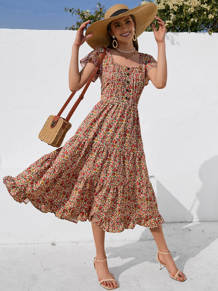 GENKIRA All Over Floral Print Layered Hem Butterfly Sleeve Dress - Multicolor - View 1