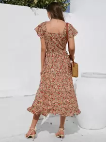 GENKIRA All Over Floral Print Layered Hem Butterfly Sleeve Dress - Multicolor - View 2