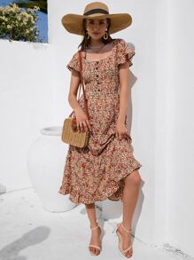 GENKIRA All Over Floral Print Layered Hem Butterfly Sleeve Dress - Multicolor - View 3