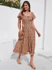 GENKIRA All Over Floral Print Layered Hem Butterfly Sleeve Dress - Multicolor - View 4