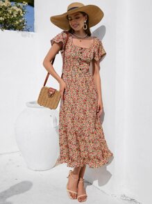 GENKIRA All Over Floral Print Layered Hem Butterfly Sleeve Dress - Multicolor - View 5